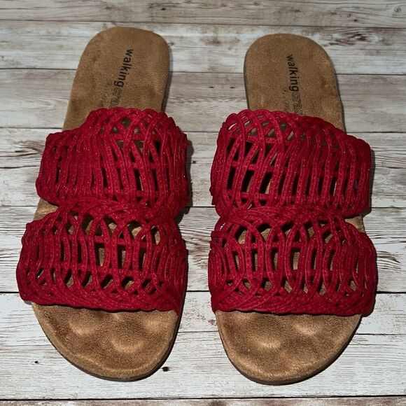WALKING CRADLES Red Kudos Cork Wedge Heel Sandals Size 6WW Tiny Pillows Insoles - Picture 1 of 16